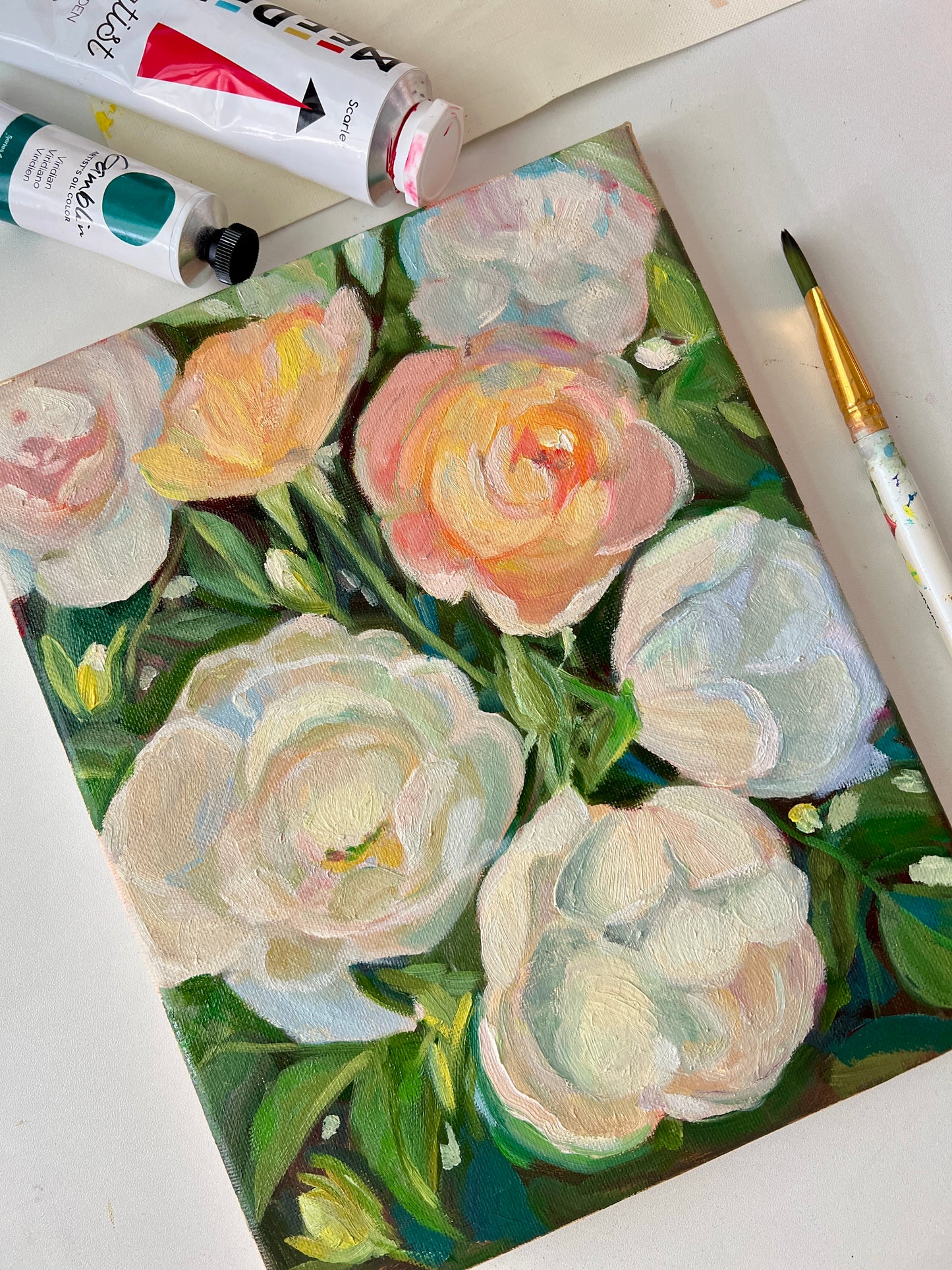 Soft Garden Roses – Pastel Floral Oil Painting- 8x10