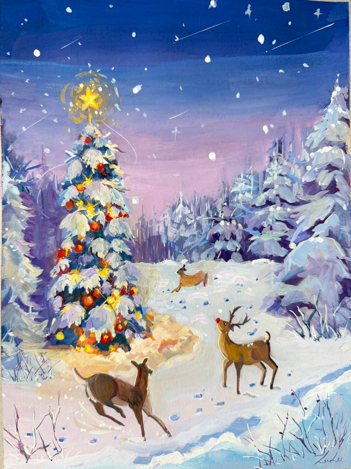 Winter scene with a decorated Christmas tree, snow-covered trees, and deer in a snowy landscape.