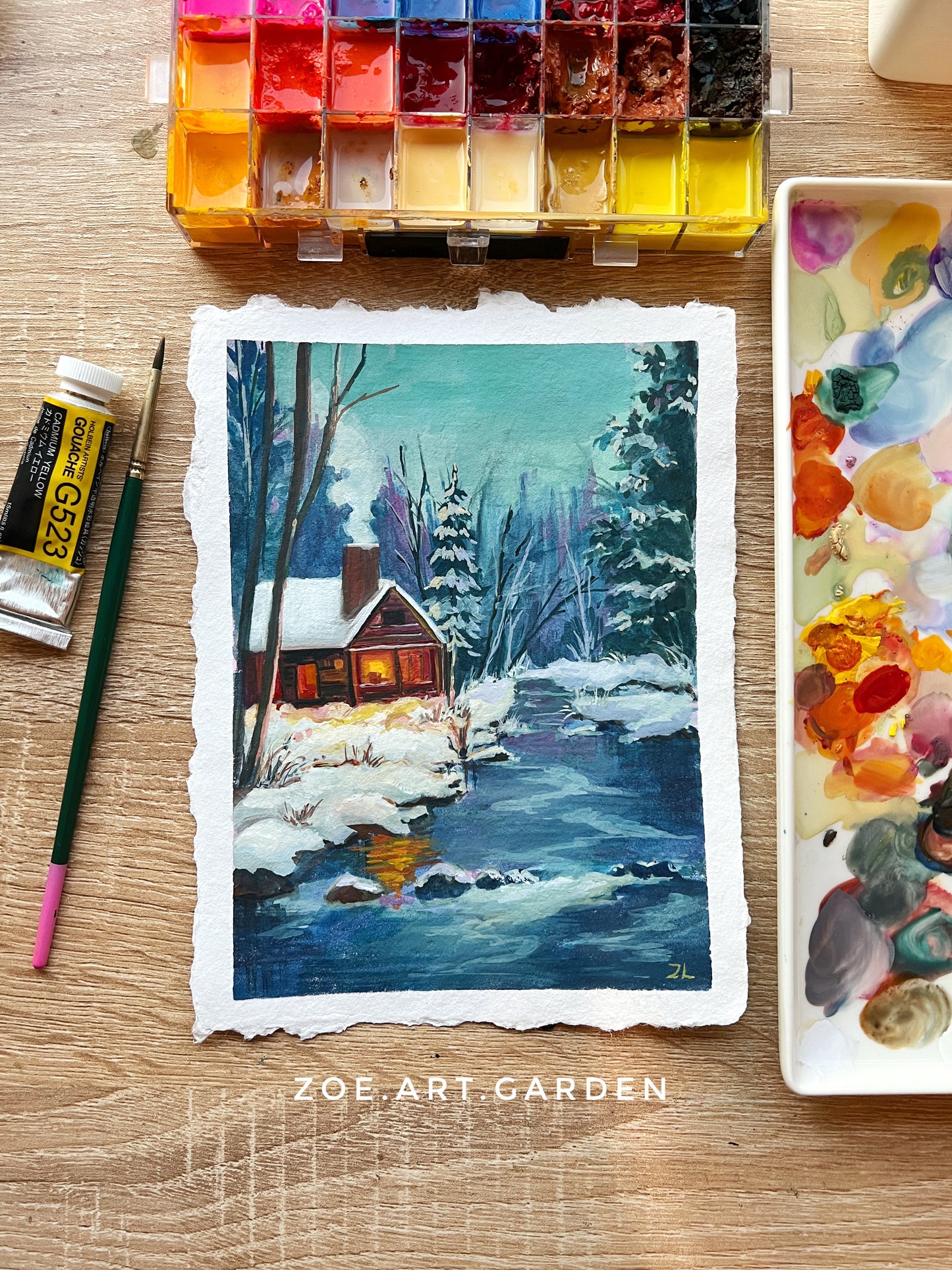 Cozy Riverside Cabin – Original Winter Landscape Painting 6x8"