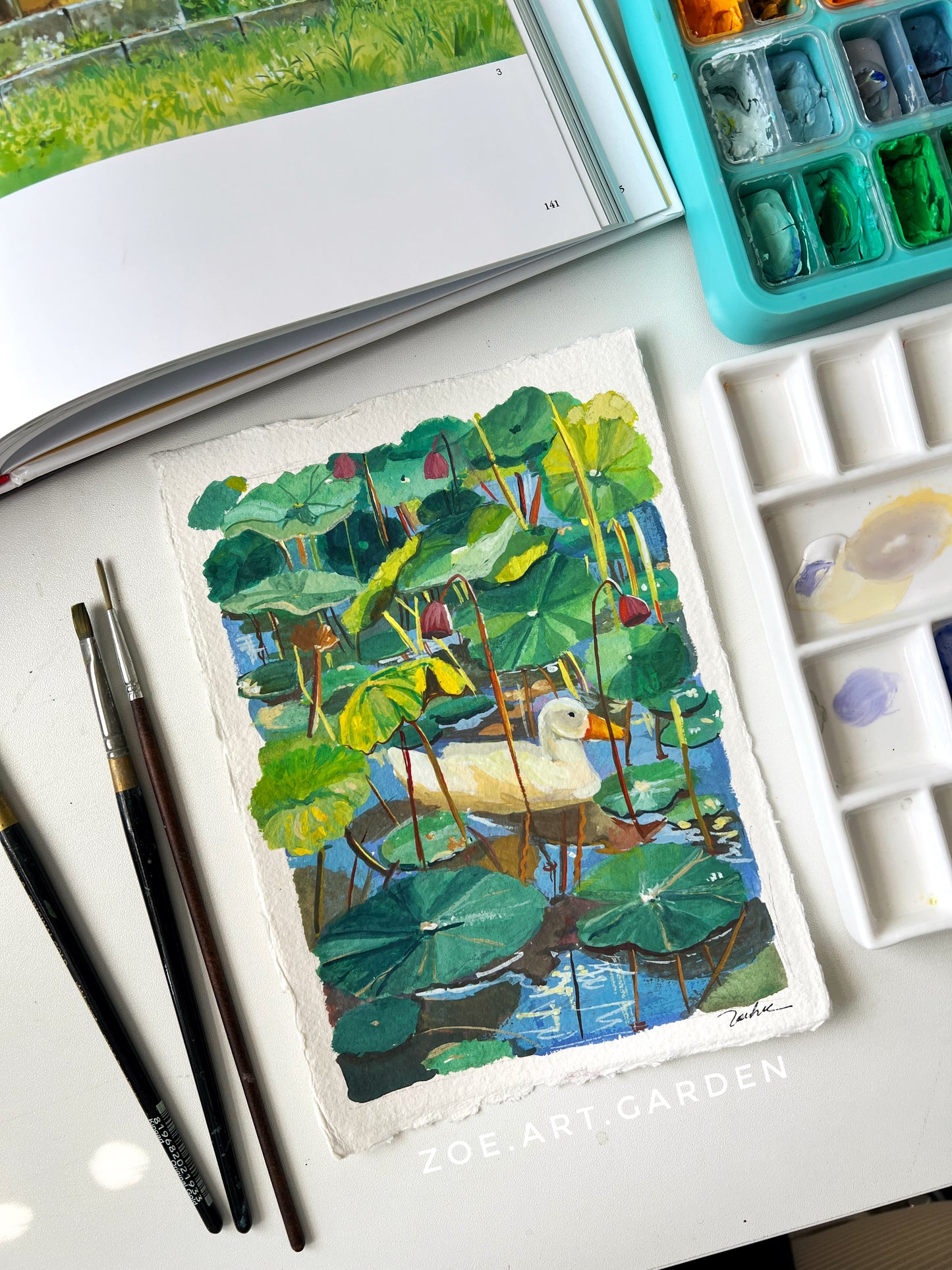 Cute Duck in Lotus Pond – Peaceful Nature Painting- 5x7"