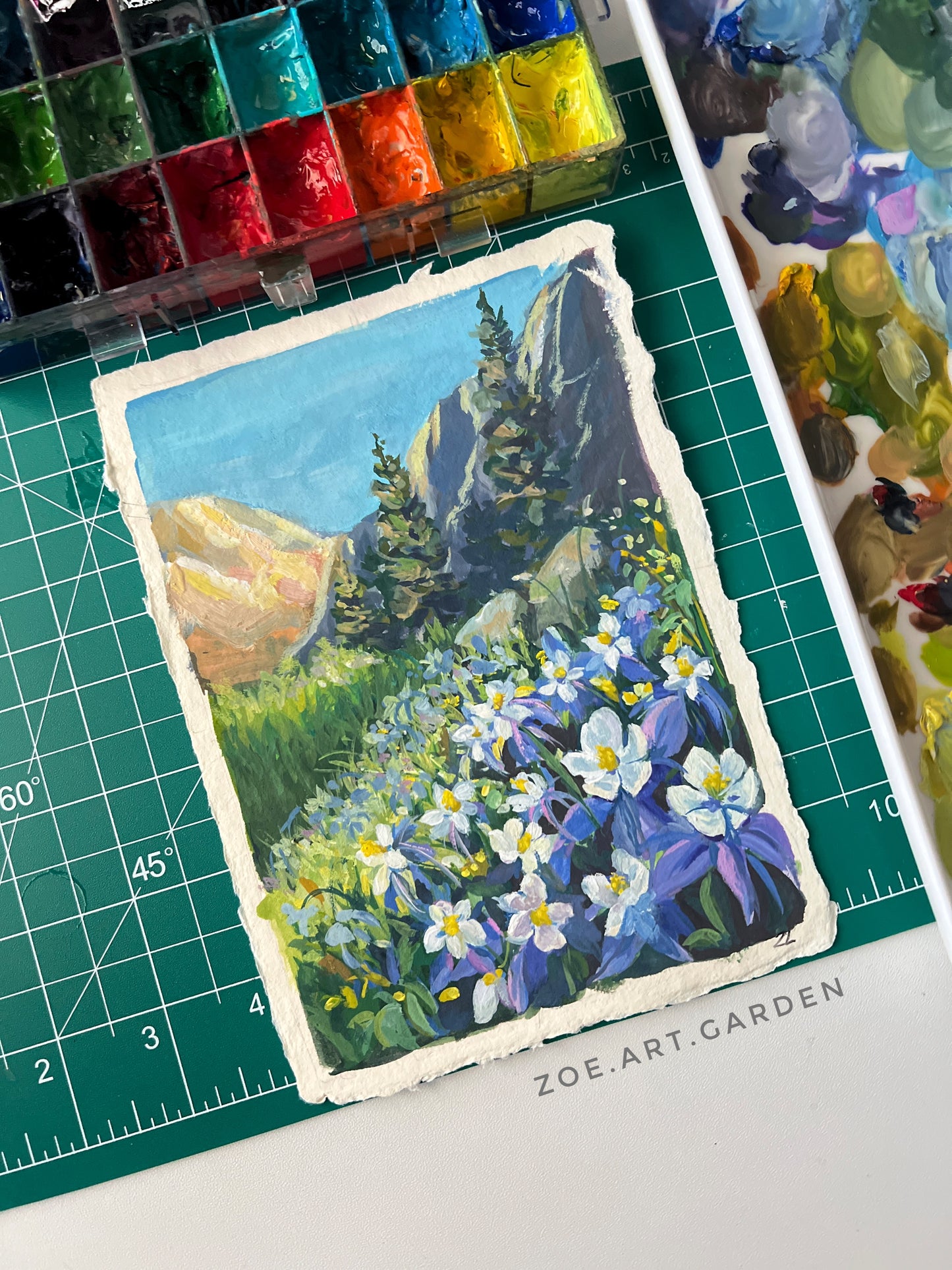 Blue Columbine Flowers – Colorado Mountain Landscape Painting (6×8”)