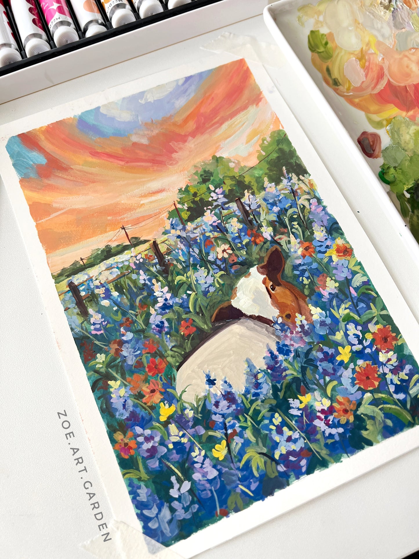 Cute Cow in Bluebonnet Field – Texas Sunset Artwork- 7x10"