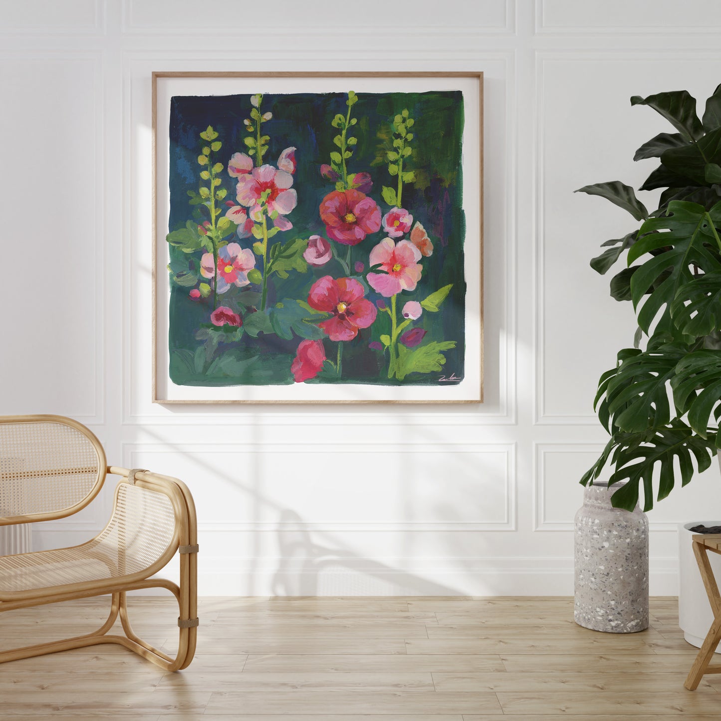 Hollyhock Flower Art Print - Gouache Floral Painting