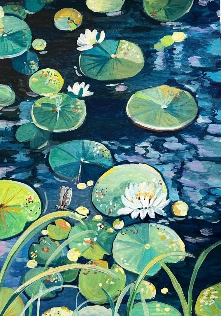 water lily flower painting Water Lilies pond- 9x12"