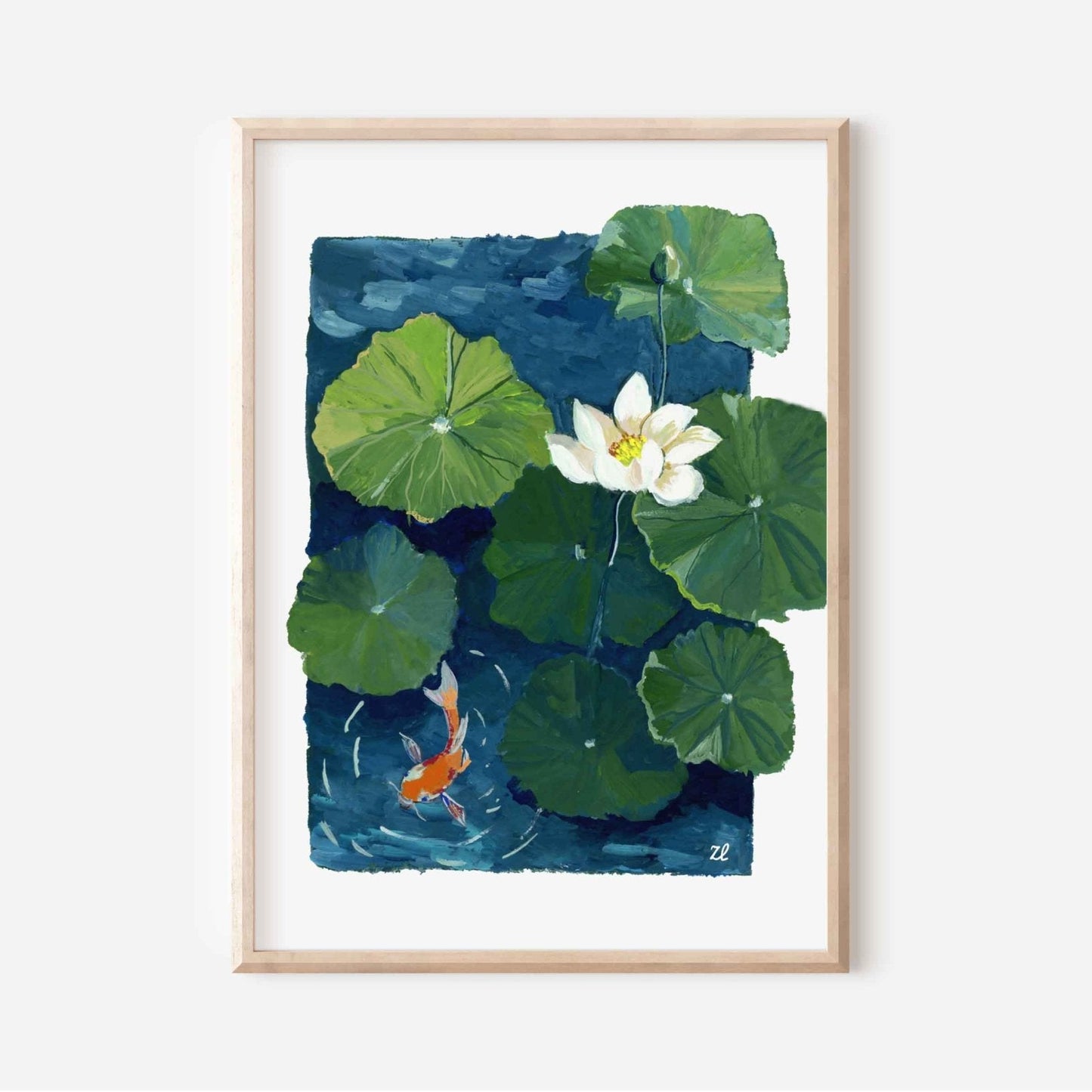 Framed artwork of a watercolor painting of a white lotus flower and green lily pads with a goldfish on a blue background.
