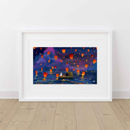 Lantern Night – Dreamy Boat and Sky Lantern Art Print