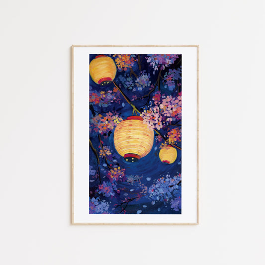 Cherry Blossom in the Midnight glow- Gouache art print