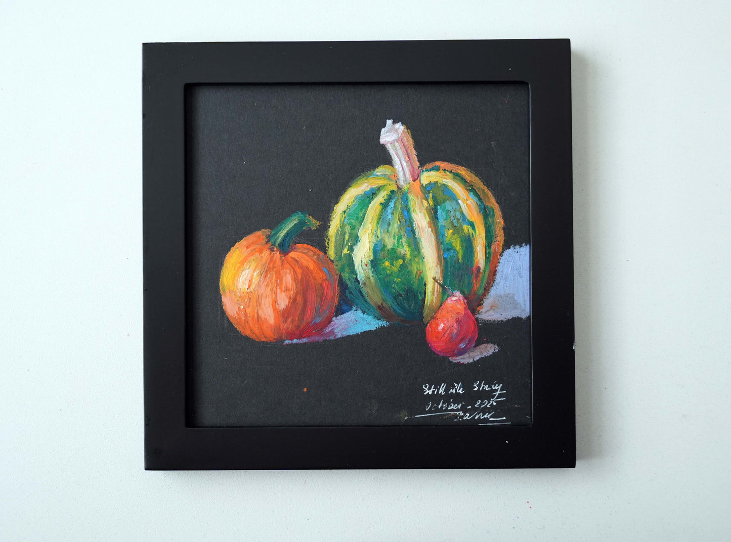 Original Oil Pastel Fruit Painting - Pumpkins and Pear