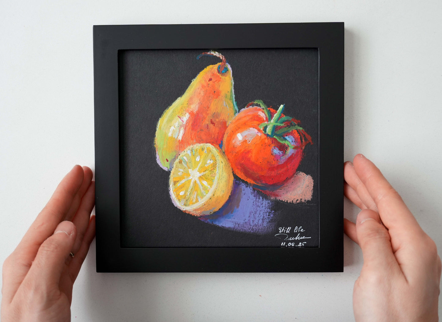 Original Oil Pastel Fruit Painting - Pear, Lemon and Tomato