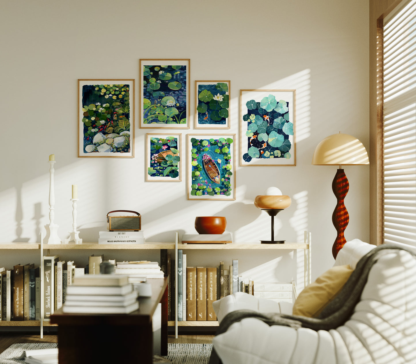 Lotus Pond and Koi Fish Art Print- Zen Wall Decor, Gouache Painting