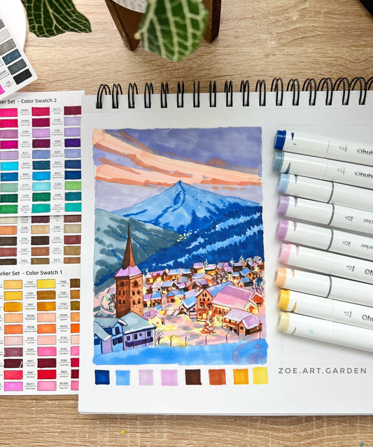 HOW TO PAINT A WINTER TOWN WITH MARKERS - Zoe Art Garden