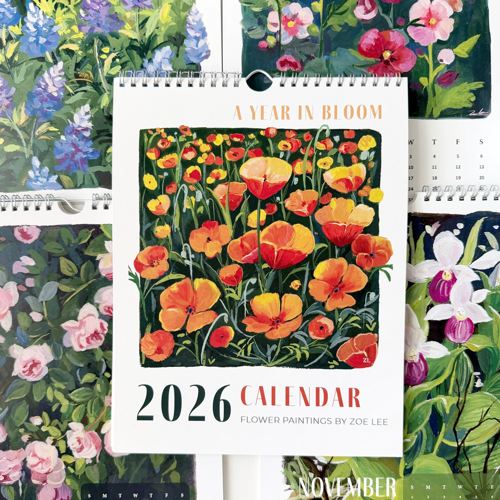 2026 calendar with floral designs on a white background