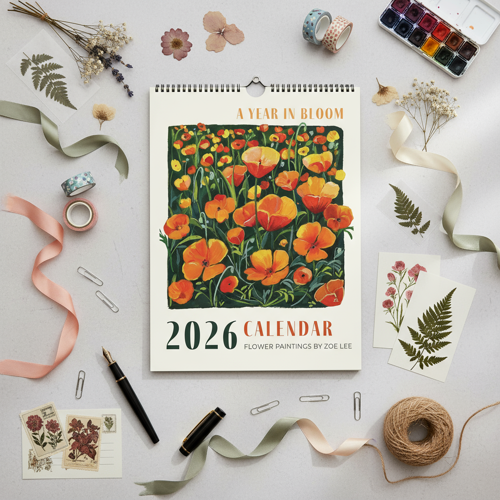 2026 calendar with floral design and 'A Year in Bloom' text