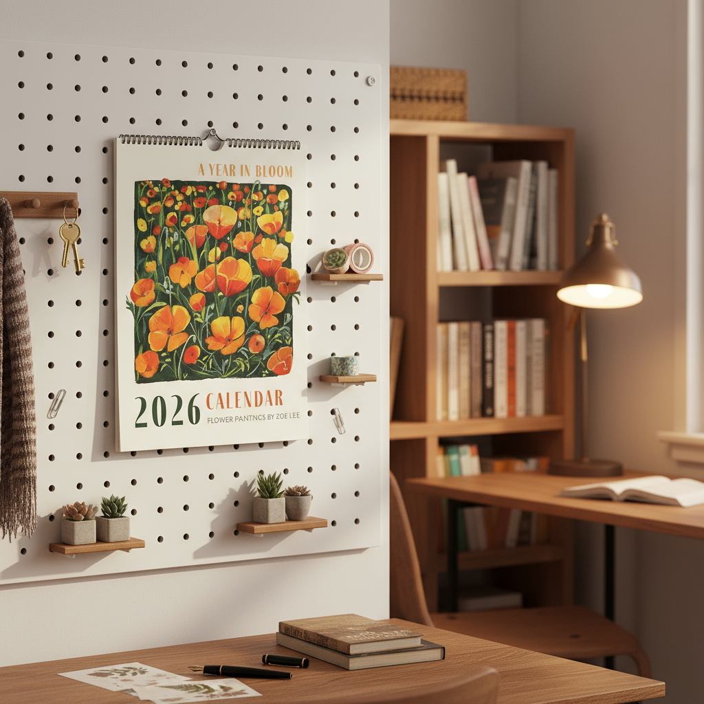 2026 calendar on a pegboard with a desk and bookshelf in the background