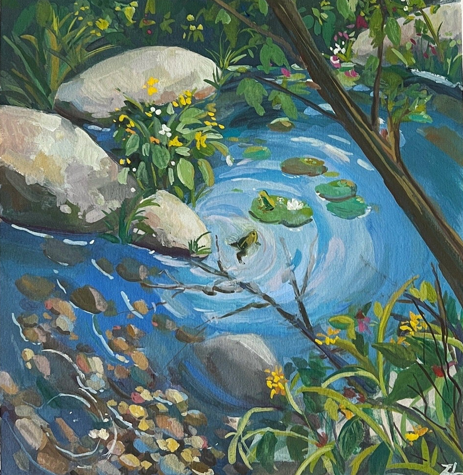 Artistic depiction of a garden scene with water, rocks, and plants, accompanied by a watercolor set.