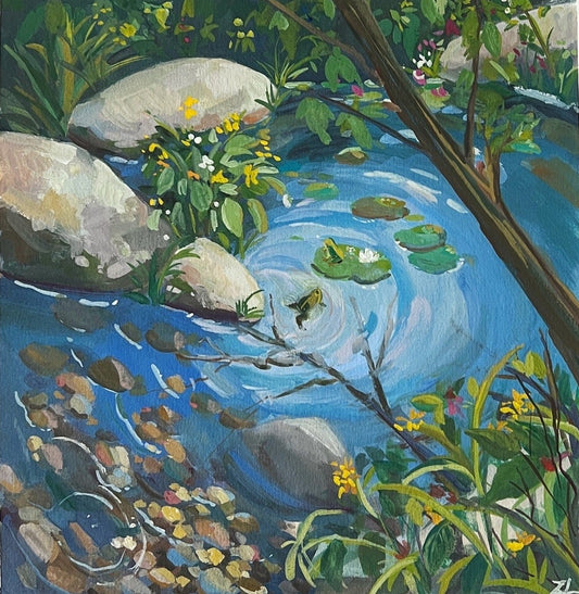 Artistic depiction of a garden scene with water, rocks, and plants, accompanied by a watercolor set.