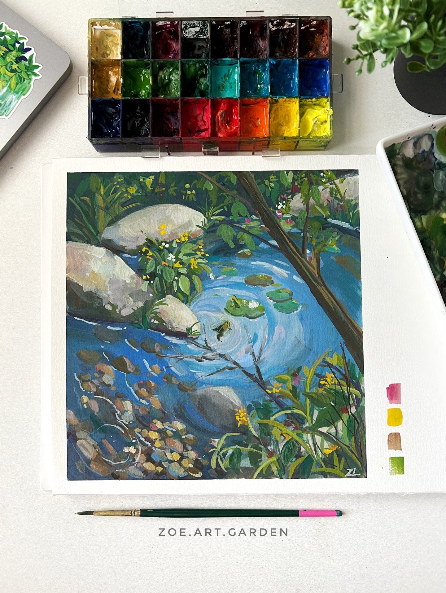 Forest Pond Reflections – Peaceful Nature Gouache Painting- 9x9"