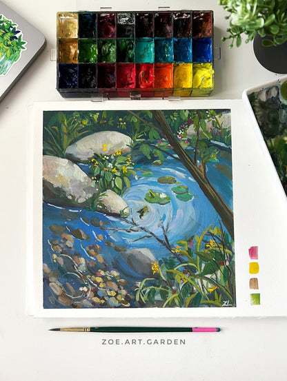 Forest Pond Reflections – Peaceful Nature Gouache Painting- 9x9"