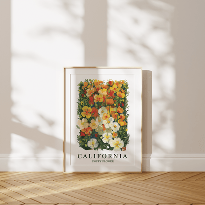 Framed artwork of California poppy flowers on a wall with wooden floor and sunlight casting shadows.