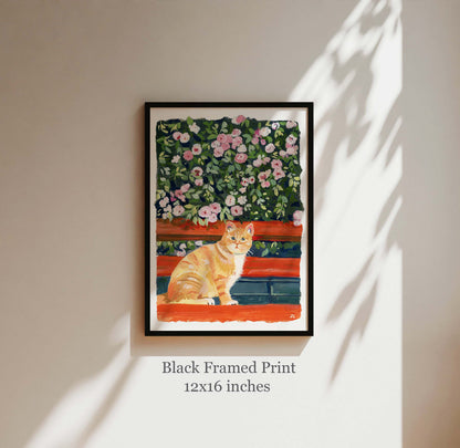 Cute Cat and Rose - Cat Illustration Print by Zoe Art Garden