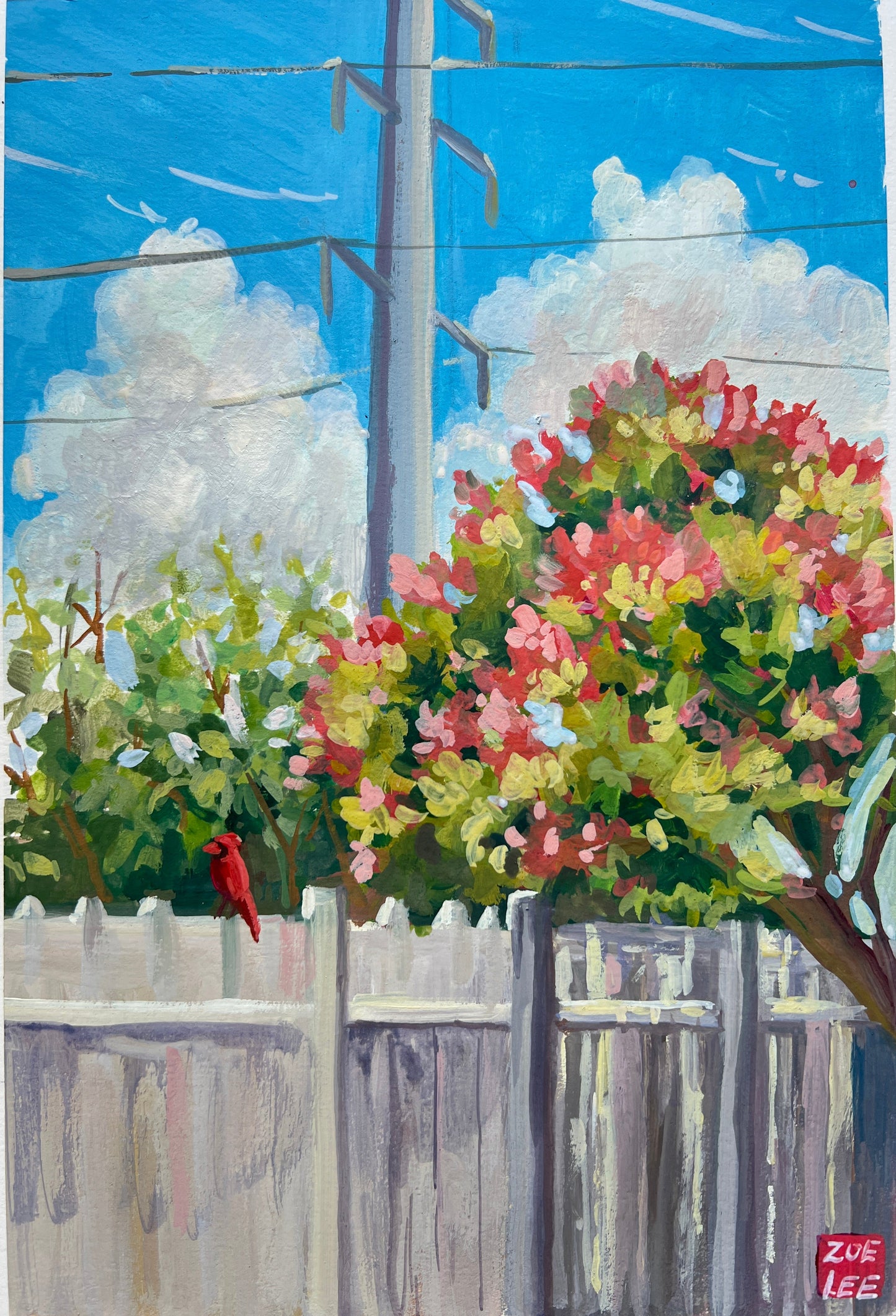 Painting of a garden scene with flowers, sky, and wooden fence.