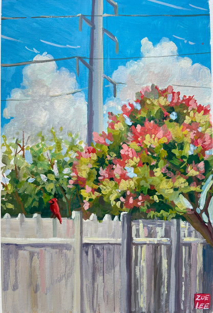 Painting of a garden scene with flowers, sky, and wooden fence.