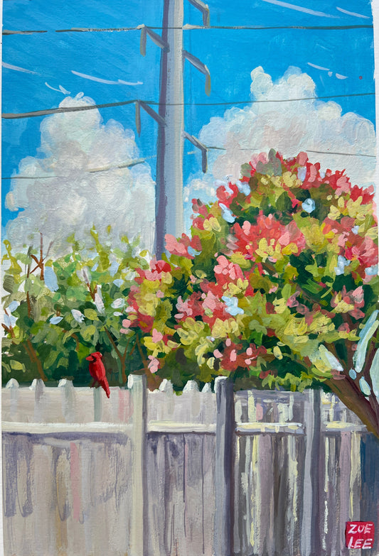 Painting of a garden scene with flowers, sky, and wooden fence.
