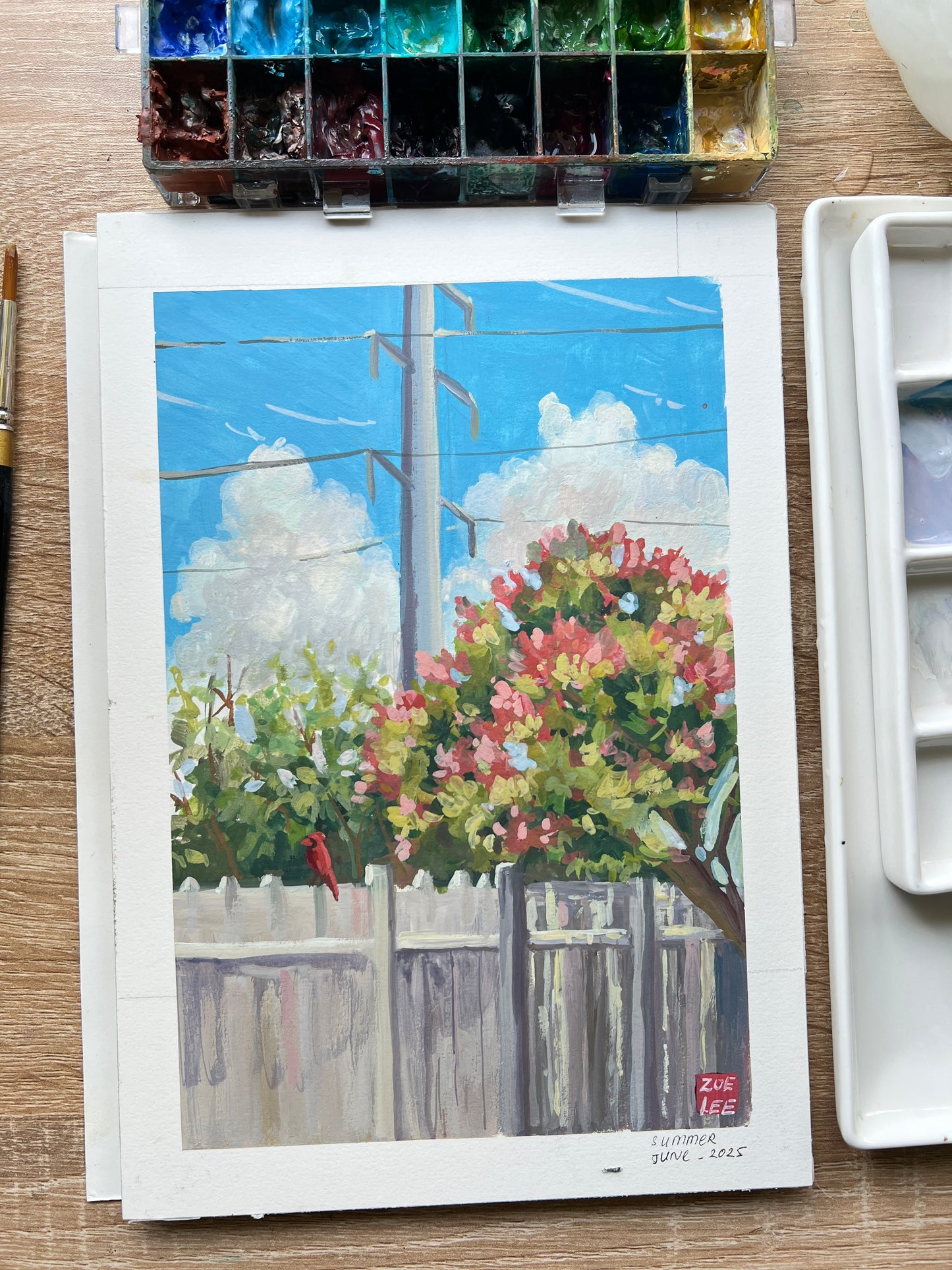 Texas Summer Window View – Crepe Myrtle & Cardinal Painting- 7x10"