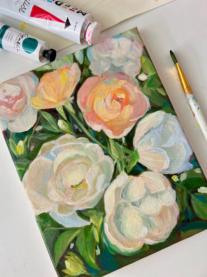 Soft Garden Roses – Pastel Floral Oil Painting- 8x10