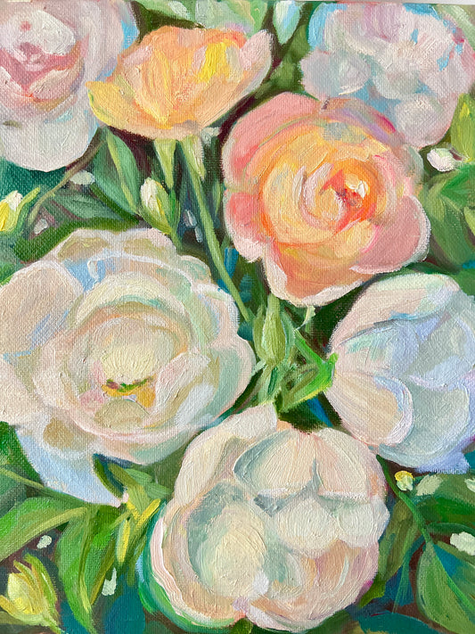 Soft Garden Roses – Pastel Floral Oil Painting- 8x10