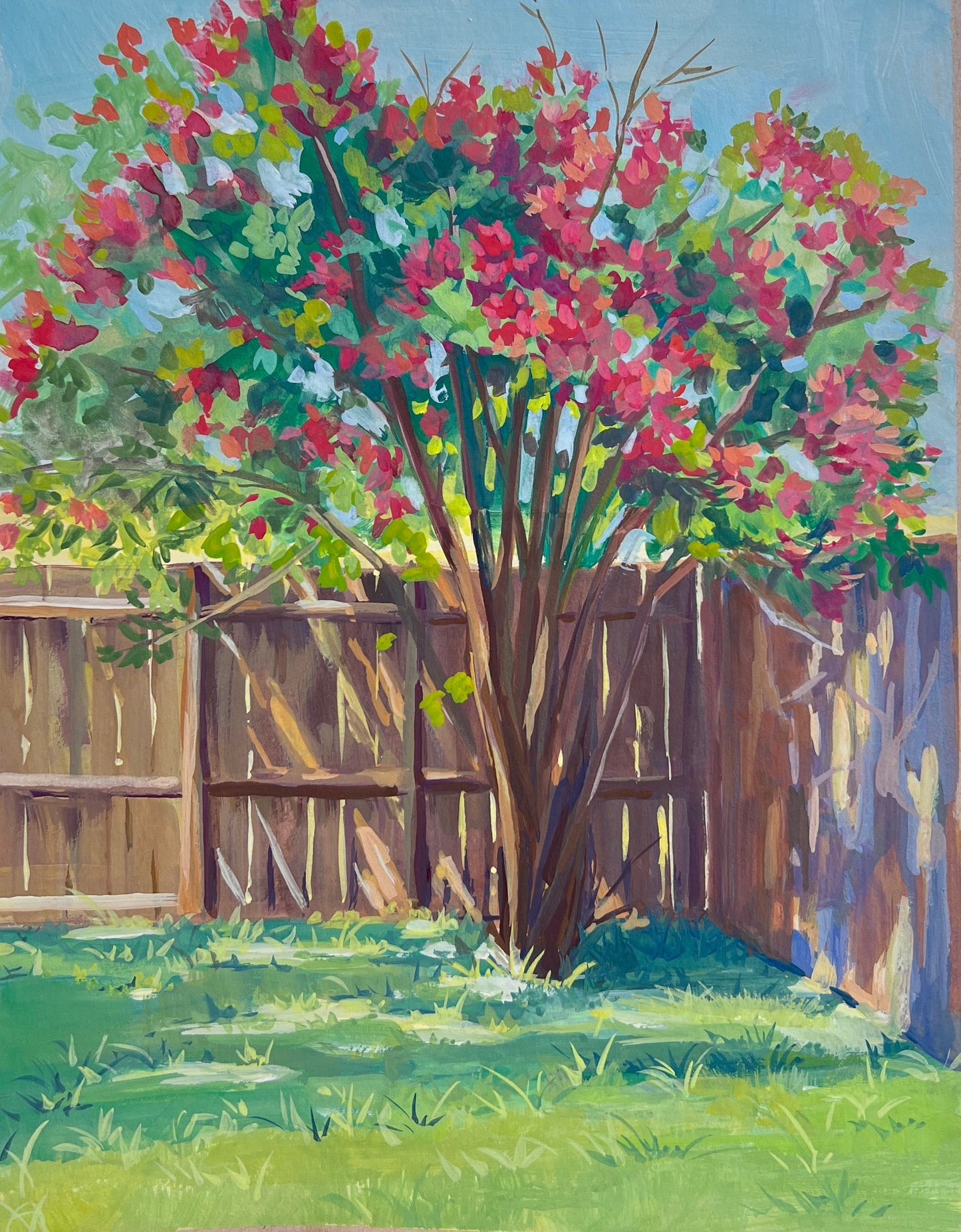 Painting of a tree with red flowers in a garden setting