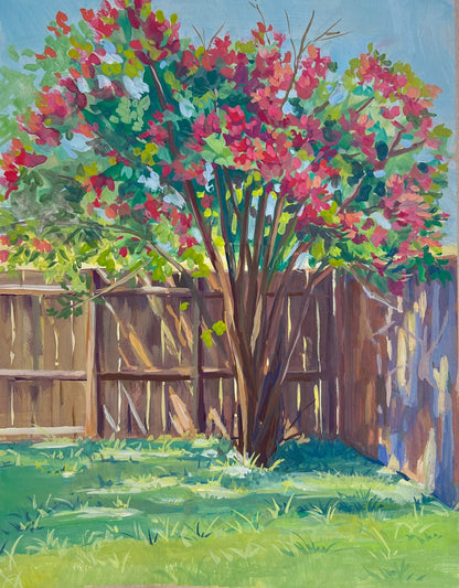 Painting of a tree with red flowers in a garden setting