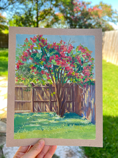 Summer Crepe Myrtle – Backyard Landscape Painting- 8x10"