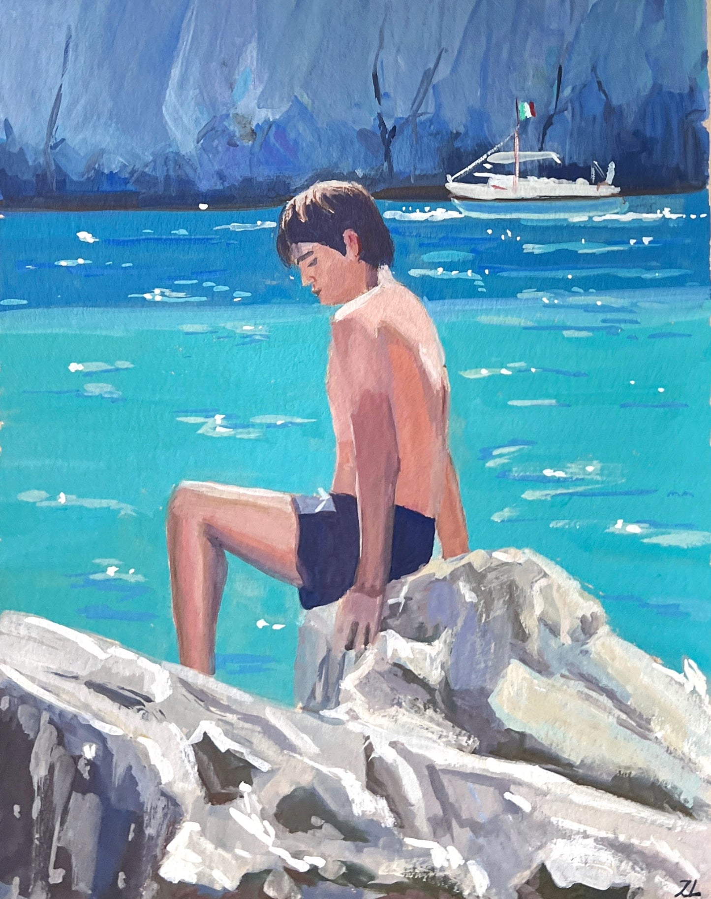 Painting of a boy sitting on rocks by a body of water with art supplies in the background.