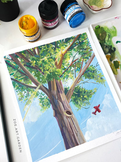 Sunlit Tree & Red Airplane – Whimsical Summer Sky Painting- 8x10"