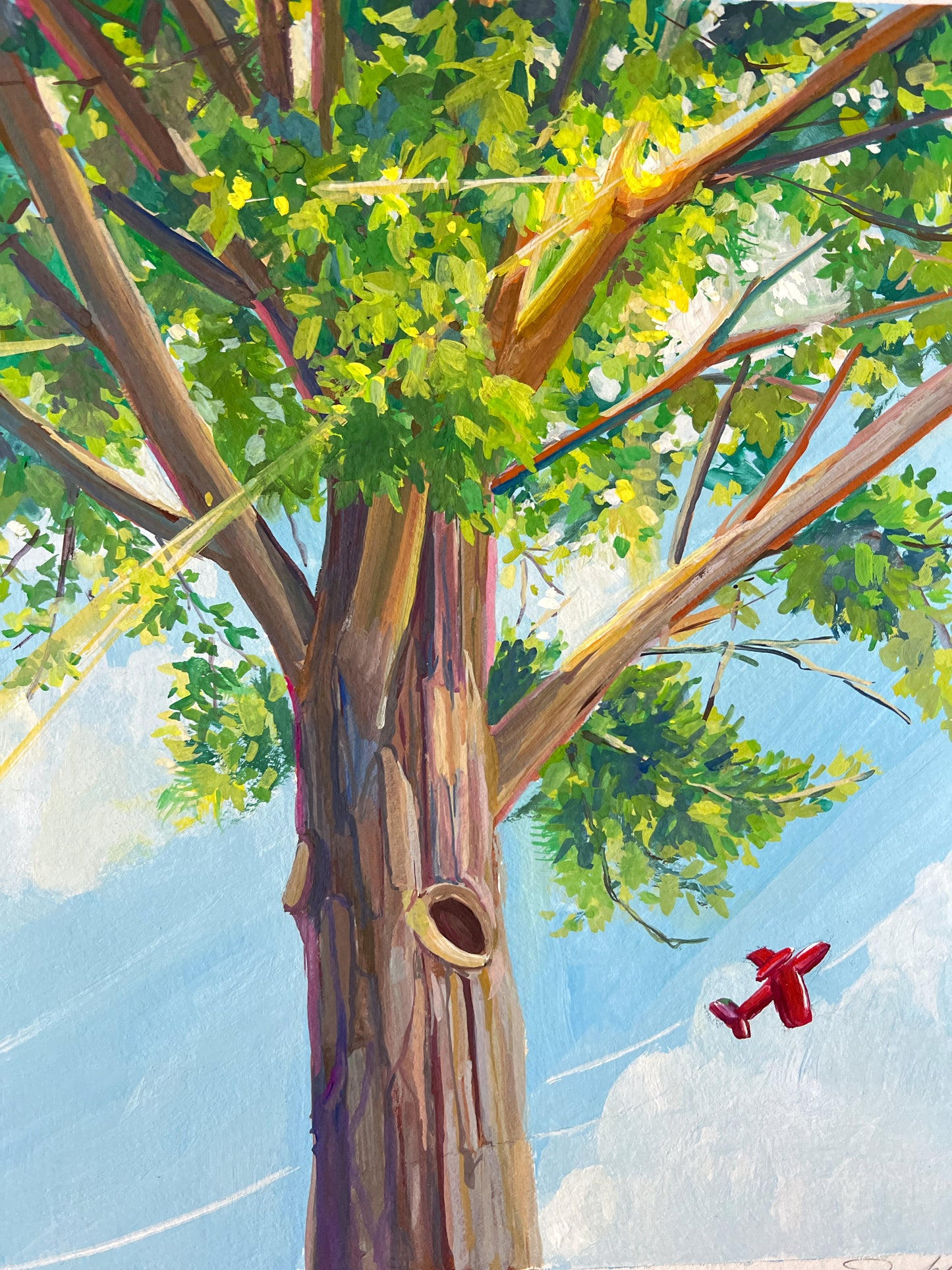 Sunlit Tree & Red Airplane – Whimsical Summer Sky Painting- 8x10"