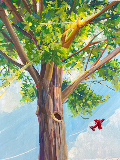 Sunlit Tree & Red Airplane – Whimsical Summer Sky Painting- 8x10"