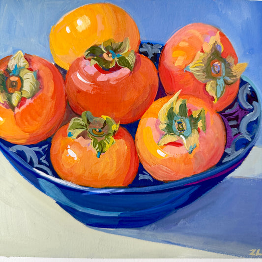 Persimmons in a blue bowl- Still Life original gouache painting- 9x9.45"