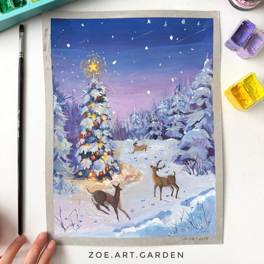 Chirstmas is coming-Winter original gouache painting- 9"x12"