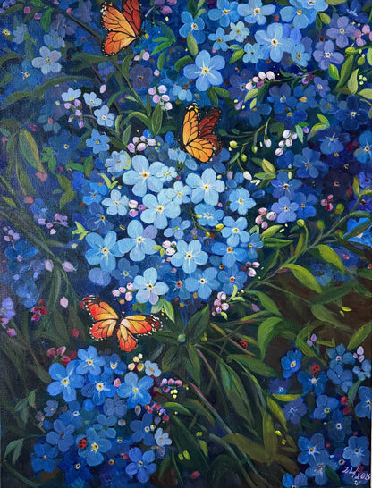 A colorful painting of blue forget-me-not flowers and orange butterflies on an easel, photographed in a home interior with a calendar and door visible in the background.