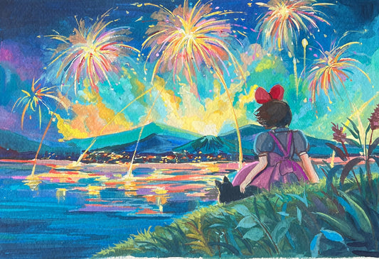 Painting of a person watching fireworks over a lake with art supplies in the foreground.