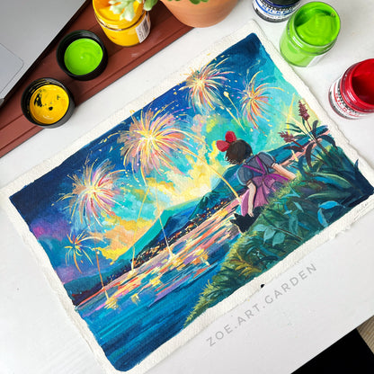 Colorful artwork of a woman on a swing with fireworks, surrounded by art supplies on a desk.