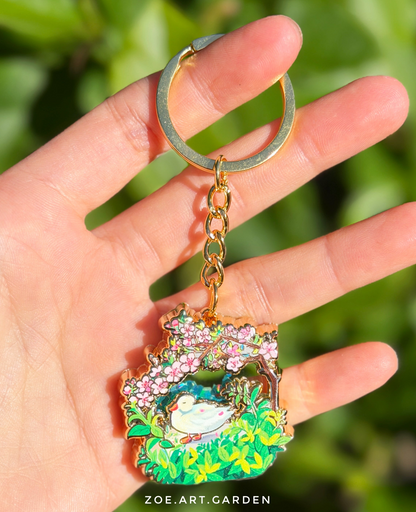 Cherry Blossom Duck Keychain | Gold Enamel Bag Charm with Glitter