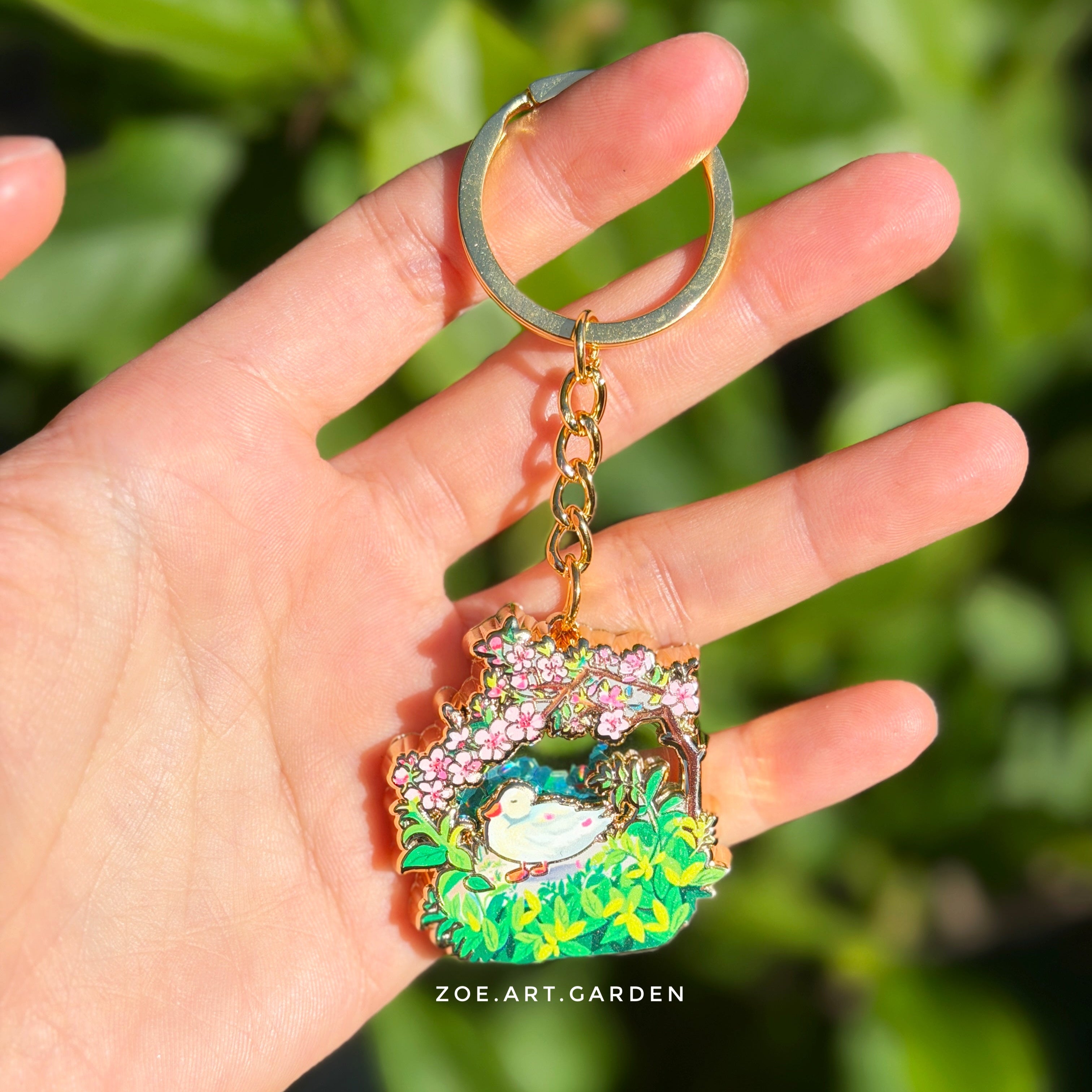 Cherry Blossom Duck Keychain | Gold Enamel Bag Charm – Zoe Art Garden