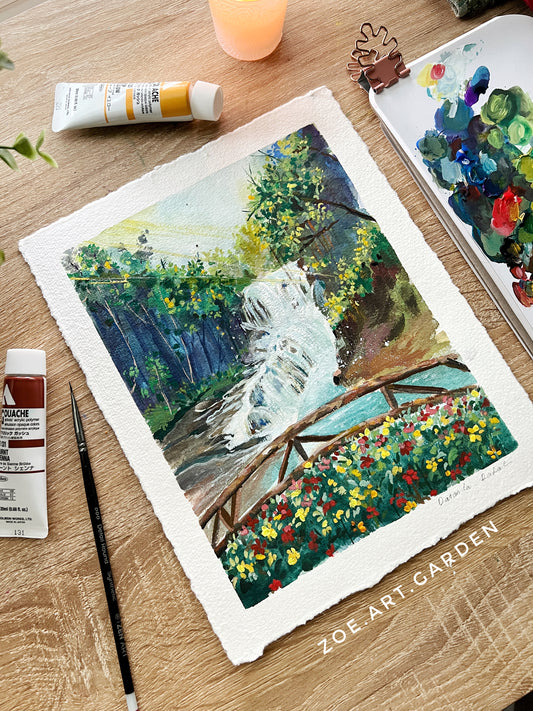 The waterfall on the spring day- Original gouache painting