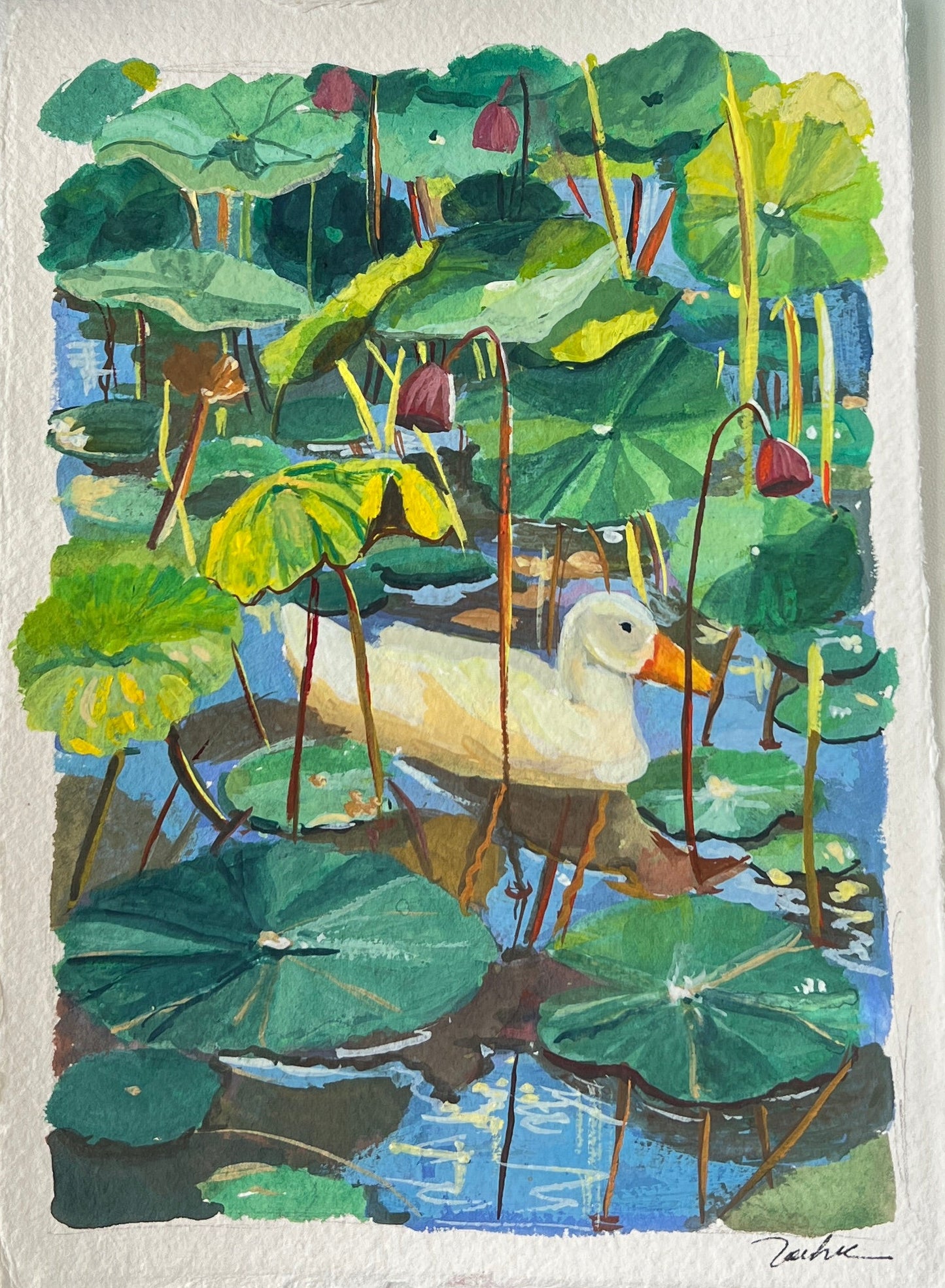 Artistic watercolor painting of a duck in a. otus pond 