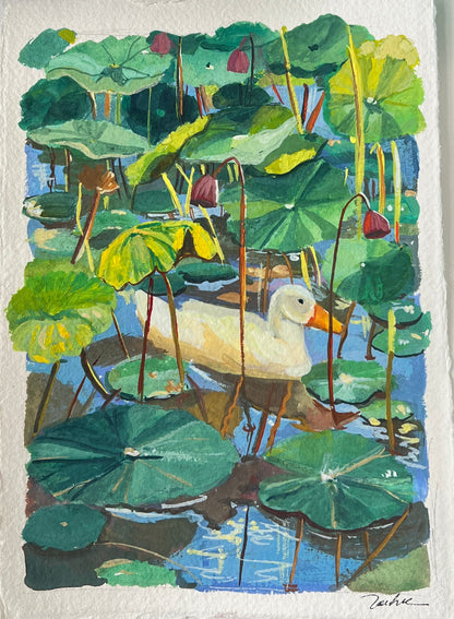 Artistic watercolor painting of a duck in a. otus pond 