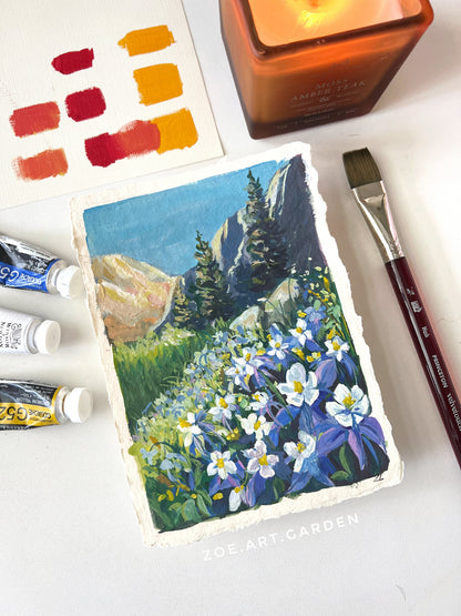 Blue Columbine Flowers – Colorado Mountain Landscape Painting (6×8”)