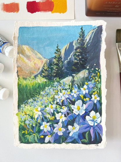 Blue Columbine Flowers – Colorado Mountain Landscape Painting (6×8”)