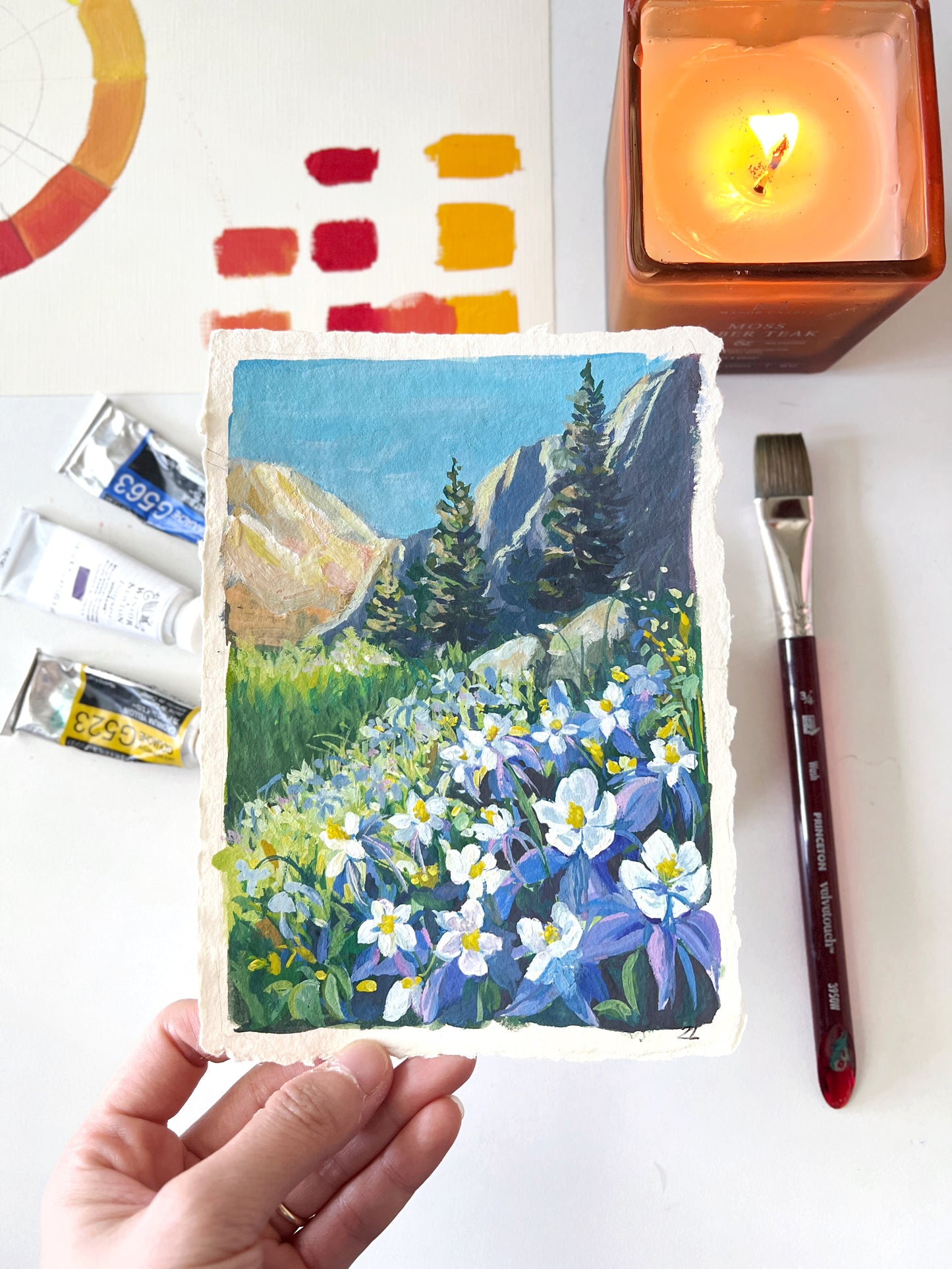 Blue Columbine Flowers – Colorado Mountain Landscape Painting (6×8”)